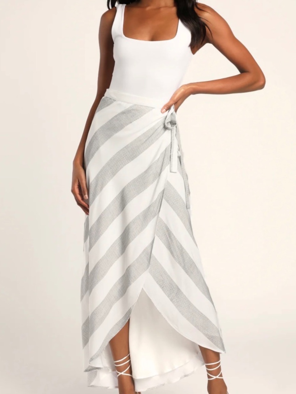 Lulus Golden Sunset Grey And White Striped Wrap Maxi Skirt - Size S